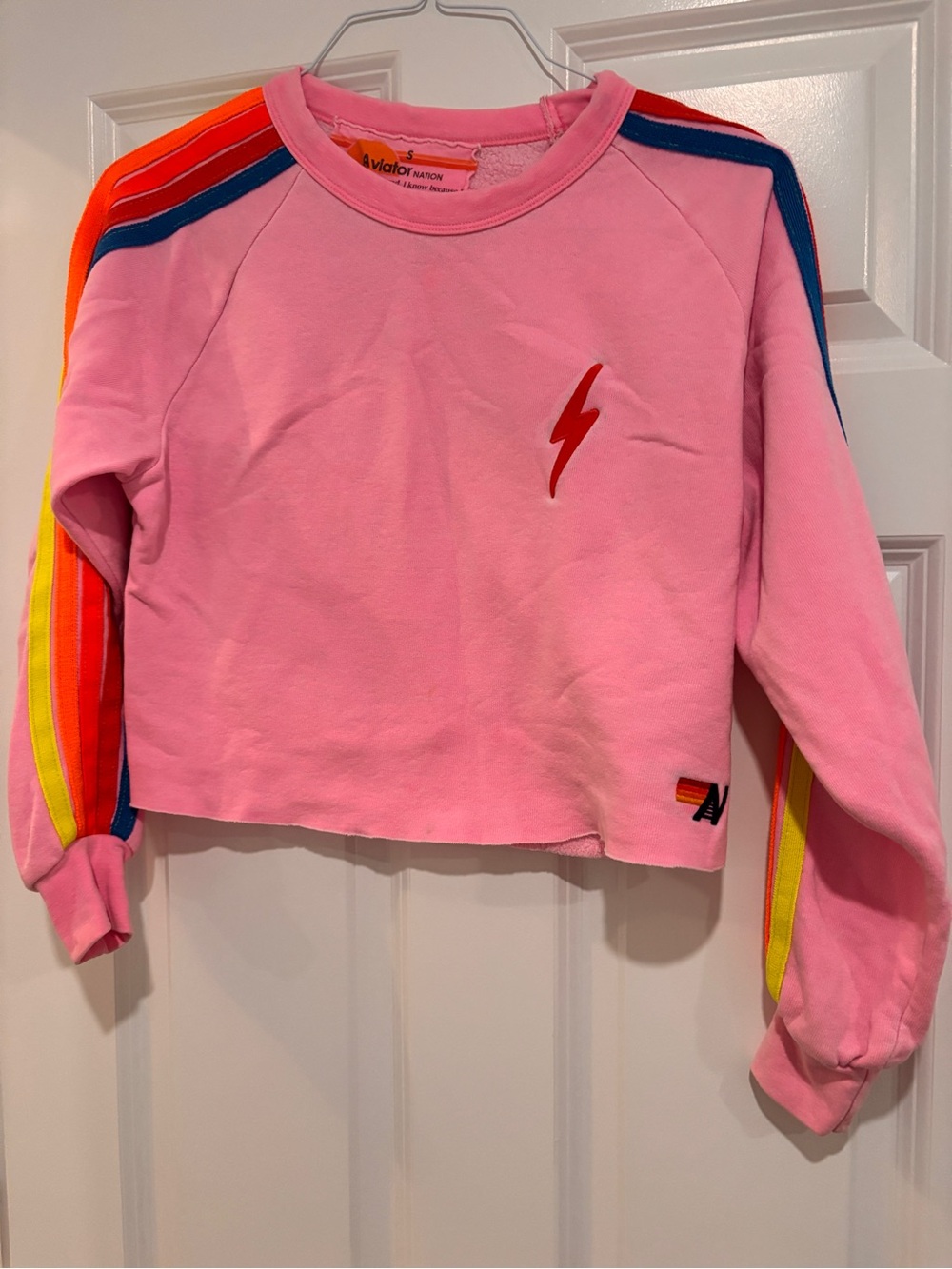 Aviator Nation Pink Cropped Sweatshirt with Rainbow Shoulder Stripes